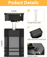 Product details of a solar-powered light fixture with measurements and components.